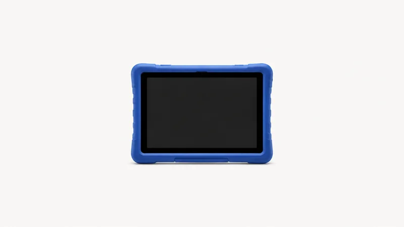 Isolated a student tablet in a chunky blue rubber case with a blank screen centred on a seamless pale off-white studio background, generous empty margin on every side for overlaid branding