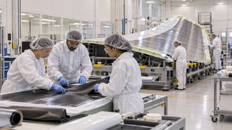 A few aerospace composites technicians working together, composite layup cleanroom with a wing-skin mould under bright lights in the background, warm interior light