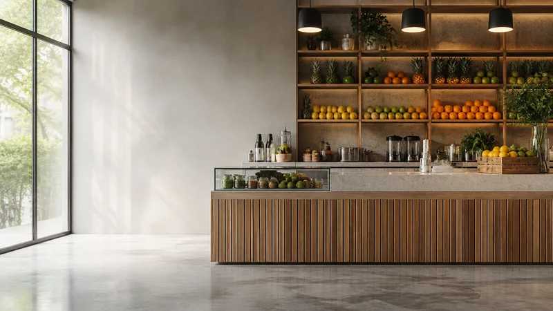 Wide interior view of a counter with wall of fresh fruit with no people, bright daylight through the windows, clean uncluttered foreground for text