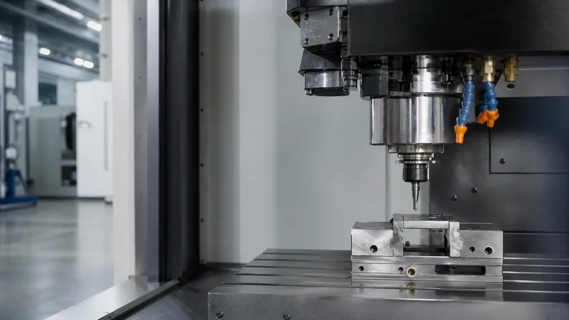 Close, clean detail of the CNC machining centre, soft even indoor light, no people in frame