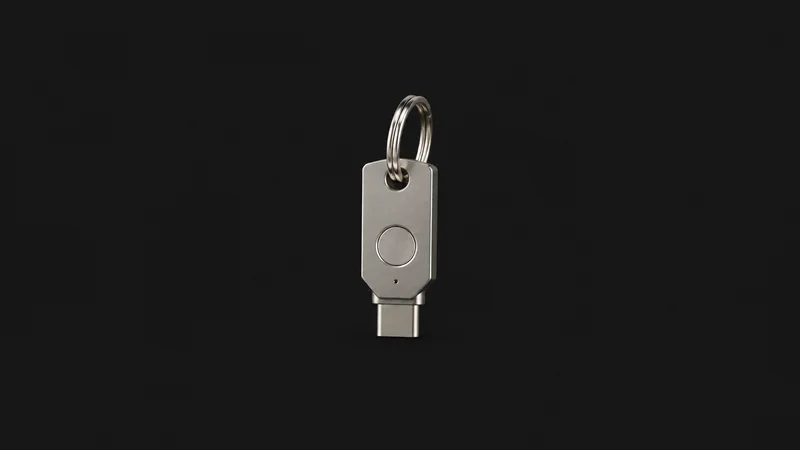 Isolated a titanium hardware security key on a keyring centred on a seamless deep charcoal near-black studio background, generous empty margin on every side for overlaid branding