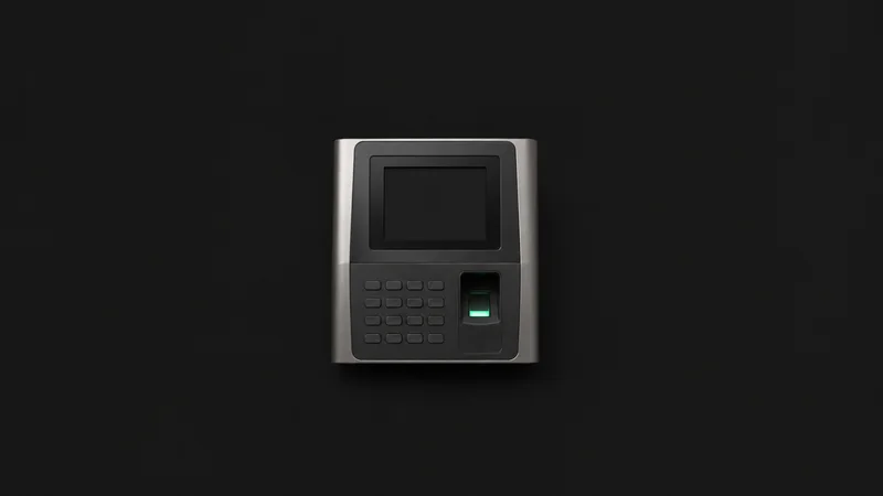 Isolated a wall-mounted biometric time-clock terminal with a fingerprint reader and blank screen centred on a seamless deep charcoal near-black studio background, generous empty margin on every side for overlaid branding