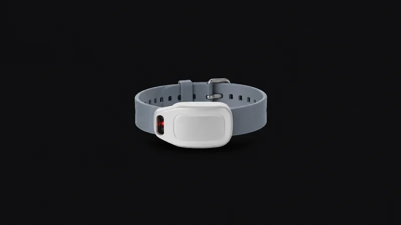Isolated a wrist-worn clinical pulse-oximetry sensor with a silicone strap centred on a seamless deep charcoal near-black studio background, generous empty margin on every side for overlaid branding