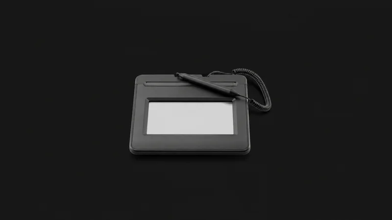 Isolated an e-signature pad with a tethered stylus and a blank signing area centred on a seamless deep charcoal near-black studio background, generous empty margin on every side for overlaid branding