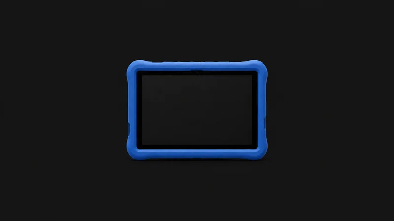 Isolated a student tablet in a chunky blue rubber case with a blank screen centred on a seamless deep charcoal near-black studio background, generous empty margin on every side for overlaid branding