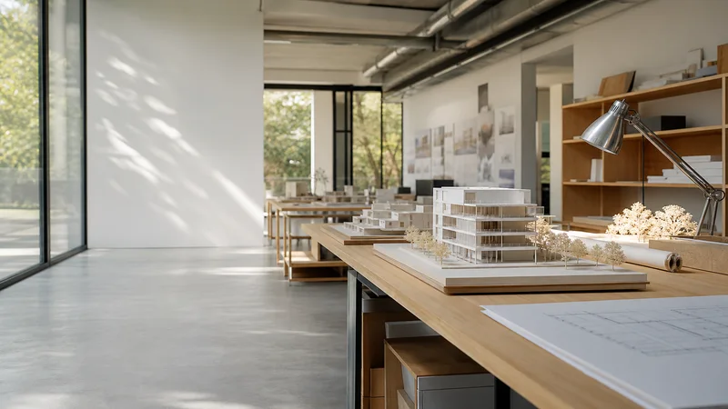 Wide interior view of a architect's studio with scale building models with no people, bright daylight through the windows, clean uncluttered foreground for text