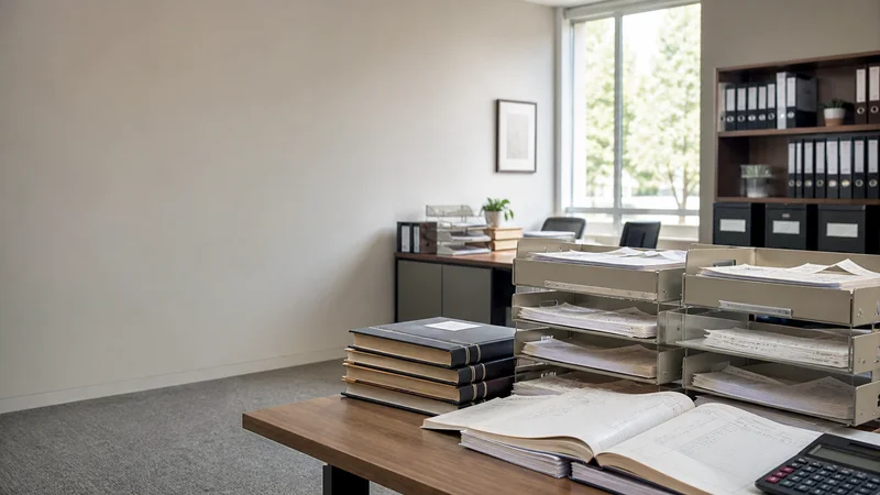 Wide interior view of a bookkeeper's office with receipt trays and ledgers with no people, bright daylight through the windows, clean uncluttered foreground for text