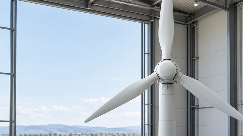 Close, clean detail of the wind turbine against open sky, soft daylight, no people in frame