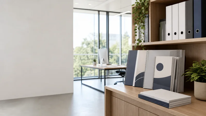 Wide interior view of a HR advisory office with employee handbooks with no people, bright daylight through the windows, clean uncluttered foreground for text