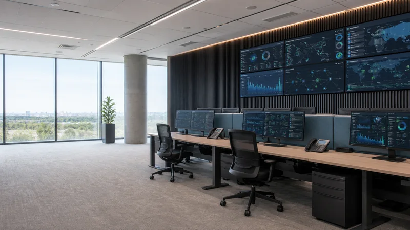 Wide interior view of a network operations centre with monitoring dashboards with no people, bright daylight through the windows, clean uncluttered foreground for text