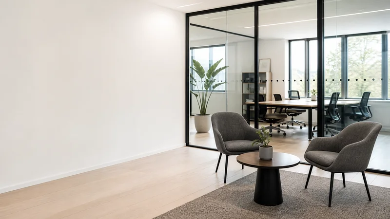 Wide interior view of a recruiter's office with interview seating with no people, bright daylight through the windows, clean uncluttered foreground for text