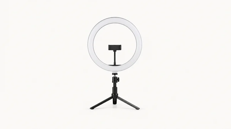 Isolated a ring light on a tabletop tripod centred on a seamless pale off-white studio background, generous empty margin on every side for overlaid branding