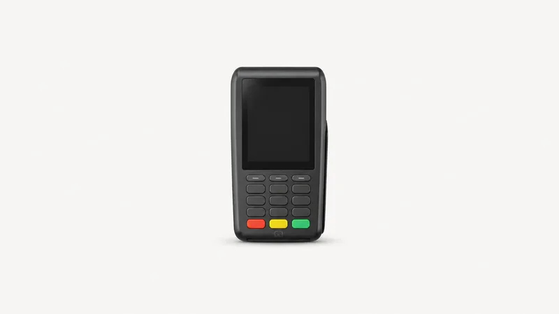 Isolated a portable card reader with a blank screen centred on a seamless pale off-white studio background, generous empty margin on every side for overlaid branding