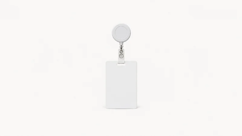 Isolated a blank white pvc employee id badge on a retractable reel clip centred on a seamless pale off-white studio background, generous empty margin on every side for overlaid branding