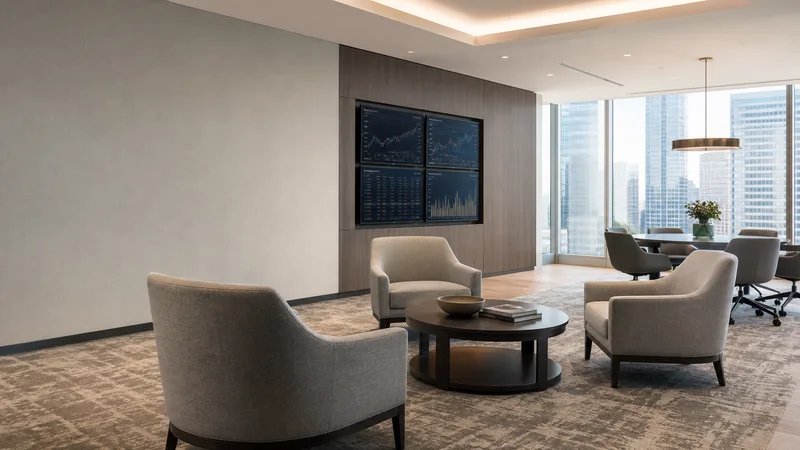 Wide interior view of a private client suite with market screens and armchairs with no people, bright daylight through the windows, clean uncluttered foreground for text