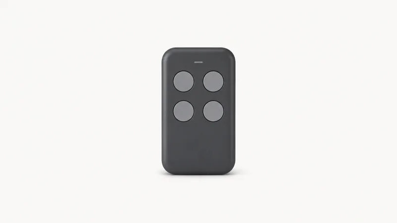 Isolated a classroom response clicker with four unmarked answer buttons centred on a seamless pale off-white studio background, generous empty margin on every side for overlaid branding