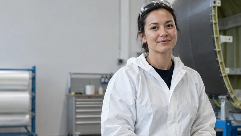 Mid-length portrait of a aerospace composites technician, aerospace manufacturing, soft even indoor light, plain working backdrop with copy space
