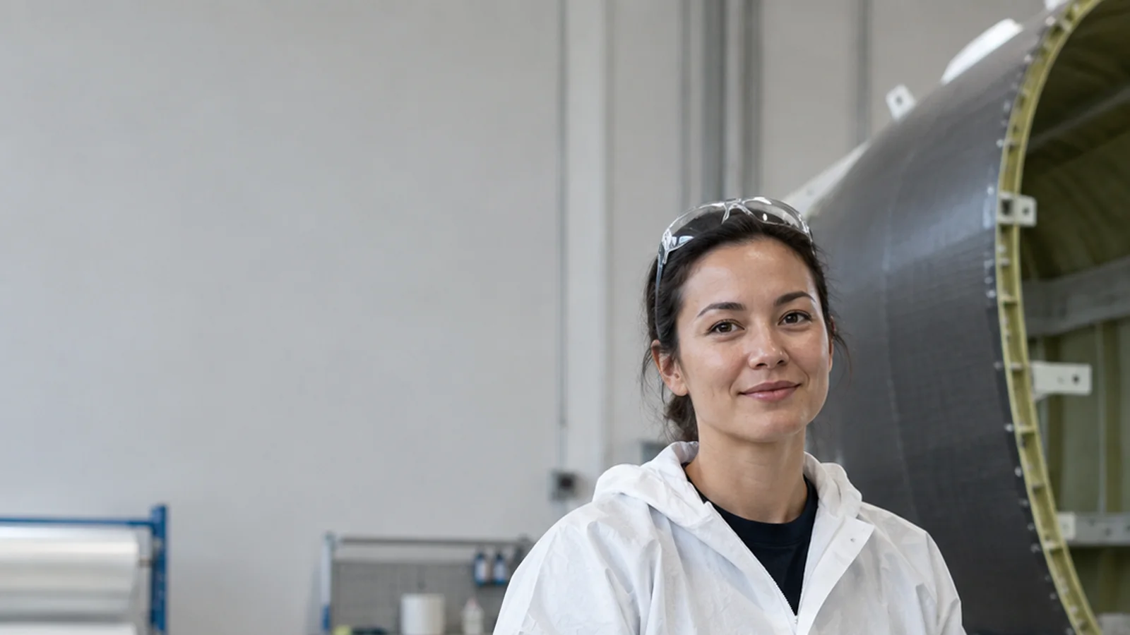 Mid-length portrait of a aerospace composites technician, aerospace manufacturing, soft even indoor light, plain working backdrop with copy space