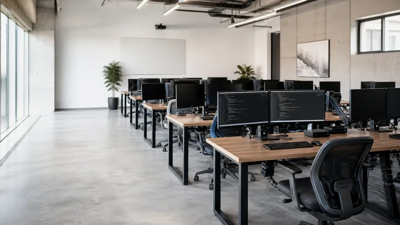 Wide interior view of a computer lab with dual-monitor workstations with no people, bright daylight through the windows, clean uncluttered foreground for text