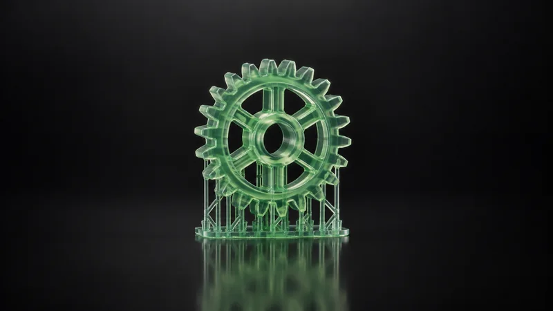 Isolated a translucent green-tinted resin-printed gear with its support lattice still attached, lit with strong rim and edge light and standing on a subtly reflective dark base, centred on a smoothly graduated dark-charcoal contrasting studio background, generous empty margin on every side for overlaid branding