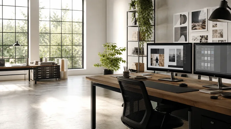 Wide interior view of a designer workspace with wide monitors with no people, bright daylight through the windows, clean uncluttered foreground for text