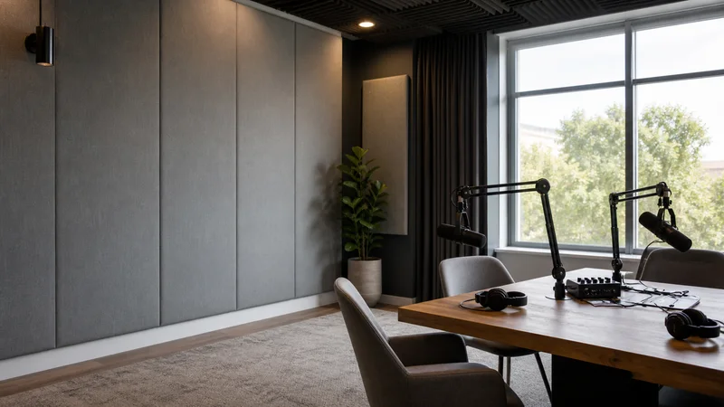 Wide interior view of a acoustically treated podcast recording booth with no people, bright daylight through the windows, clean uncluttered foreground for text