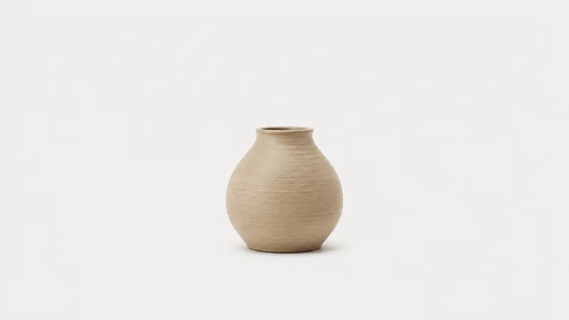 Isolated a leather-hard stoneware vase with throwing rings centred on a seamless pale off-white studio background, generous empty margin on every side for overlaid branding