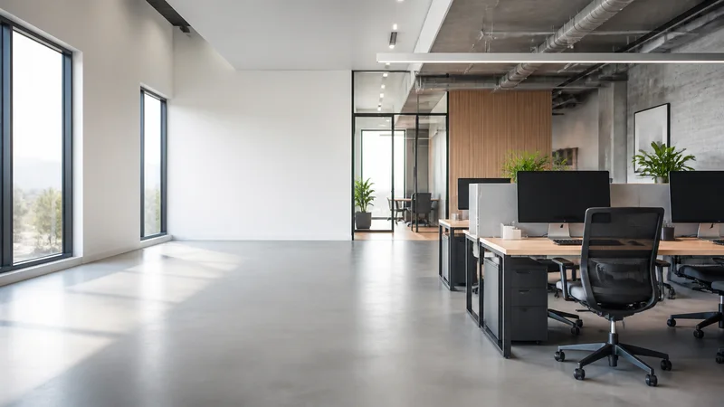 Wide interior view of a open-plan software developer workspace with no people, bright daylight through the windows, clean uncluttered foreground for text