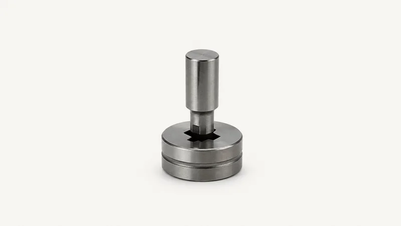 Isolated a hardened steel punch and die set centred on a seamless pale off-white studio background, generous empty margin on every side for overlaid branding