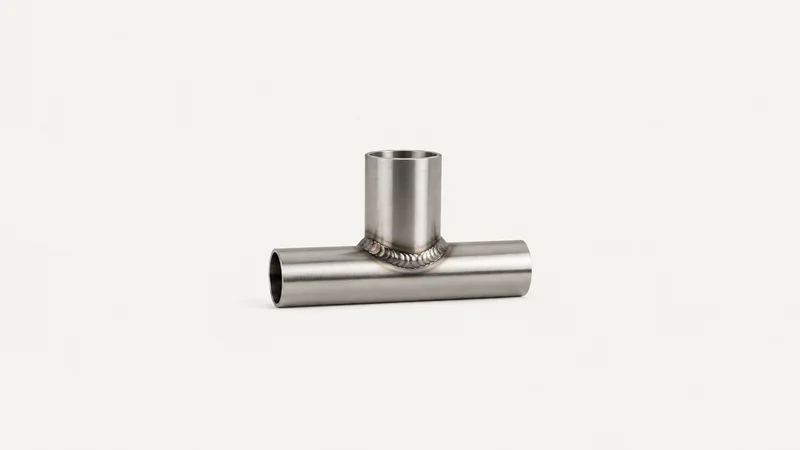 Isolated a TIG-welded stainless-steel joint with a stacked-dime bead centred on a seamless pale off-white studio background, generous empty margin on every side for overlaid branding