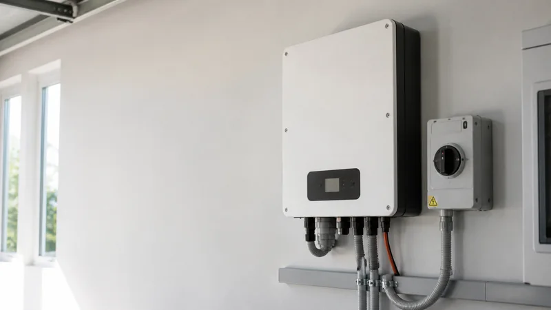 Wide interior view of a utility room with a solar inverter and isolator switch with no people, bright daylight through the windows, clean uncluttered foreground for text