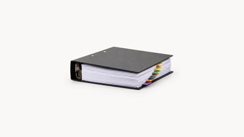 Isolated a bound audit file with coloured index tabs centred on a seamless pale off-white studio background, generous empty margin on every side for overlaid branding