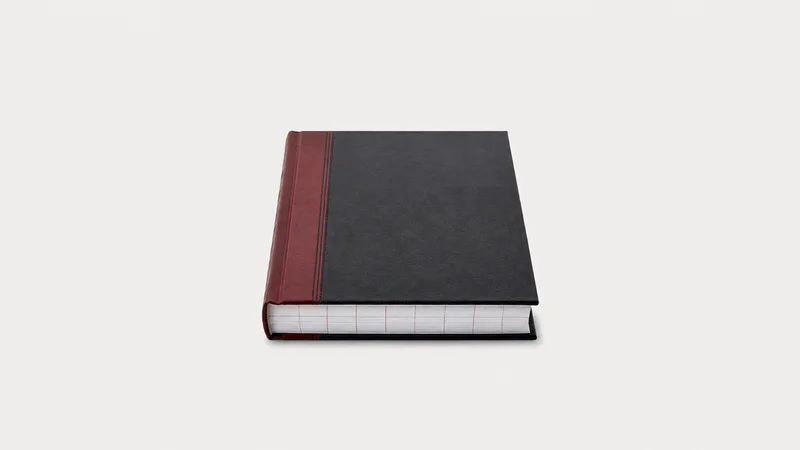 Isolated a hardback cash book with red-ruled columns centred on a seamless pale off-white studio background, generous empty margin on every side for overlaid branding