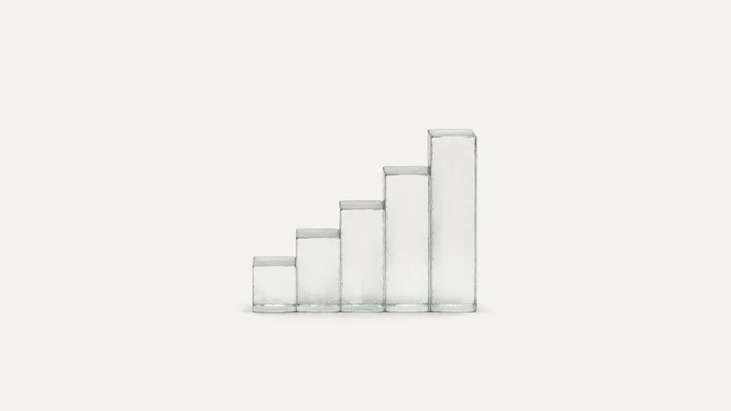 Isolated a stack of frosted glass bars stepped like an index chart centred on a seamless pale off-white studio background, generous empty margin on every side for overlaid branding