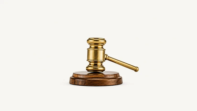 Isolated a brass gavel on a circular sounding block centred on a seamless pale off-white studio background, generous empty margin on every side for overlaid branding