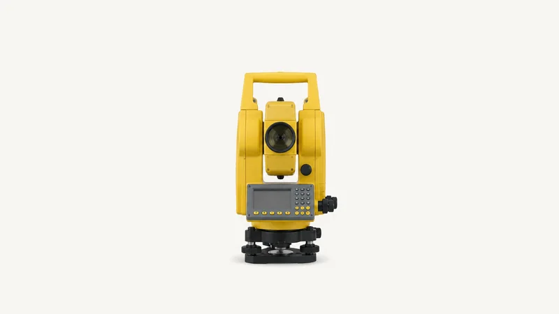 Isolated a surveyor's yellow total station mounted on a tripod head centred on a seamless pale off-white studio background, generous empty margin on every side for overlaid branding