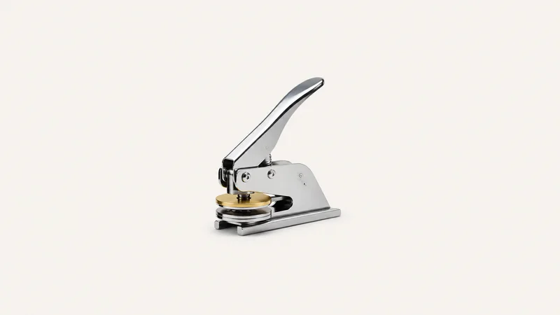Isolated an embossing seal press with its brass die centred on a seamless pale off-white studio background, generous empty margin on every side for overlaid branding