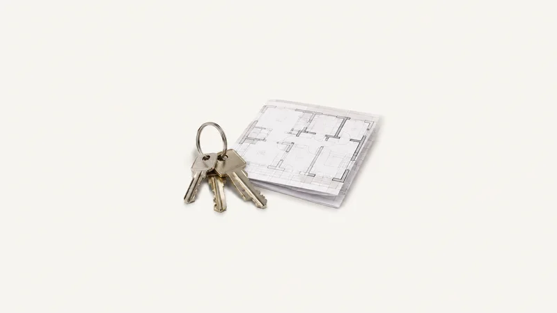 Isolated a set of house keys on a plain steel ring beside a folded floor plan centred on a seamless pale off-white studio background, generous empty margin on every side for overlaid branding
