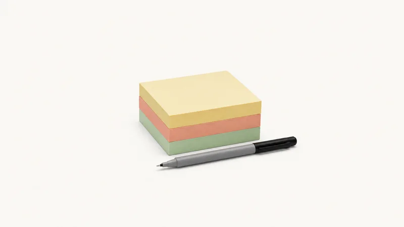Isolated a stack of blank sticky notes in three colours with a fine marker centred on a seamless pale off-white studio background, generous empty margin on every side for overlaid branding