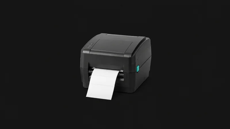 Isolated a thermal label printer with a blank roll loaded centred on a seamless deep charcoal near-black studio background, generous empty margin on every side for overlaid branding