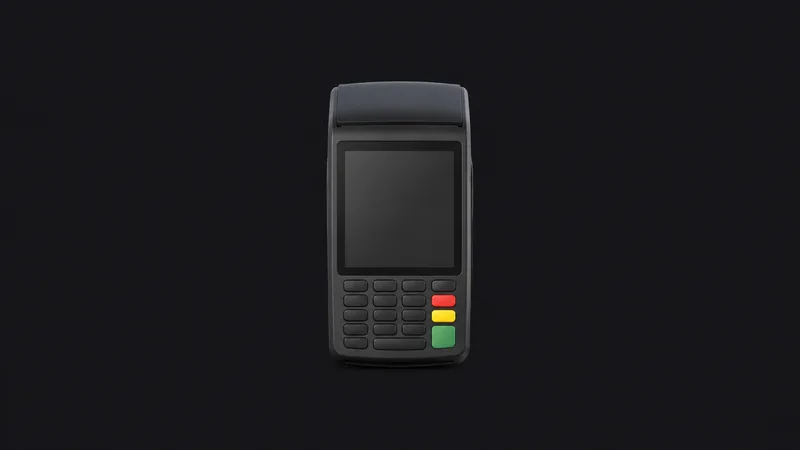 Isolated a portable card reader with a blank screen centred on a seamless deep charcoal near-black studio background, generous empty margin on every side for overlaid branding