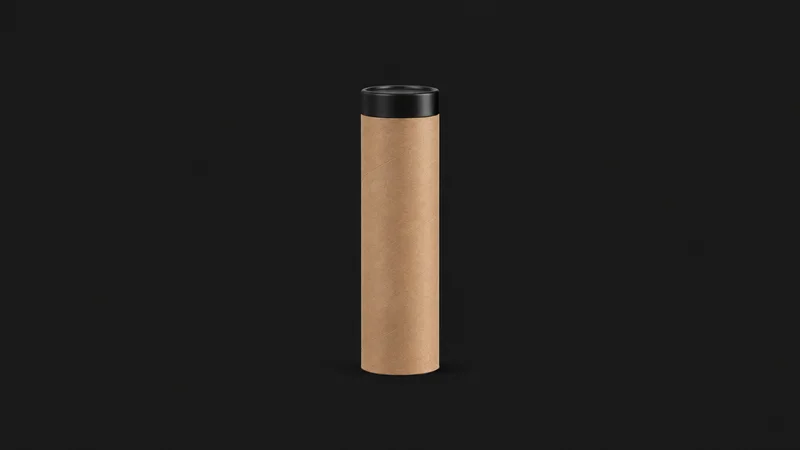 Isolated a rolled poster tube with a black cap centred on a seamless deep charcoal near-black studio background, generous empty margin on every side for overlaid branding