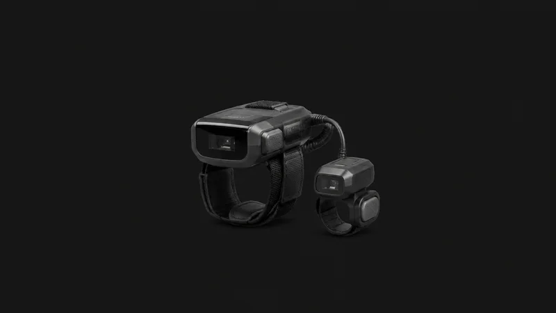 Isolated a wrist-mounted wearable scanner with a finger ring reader centred on a seamless deep charcoal near-black studio background, generous empty margin on every side for overlaid branding