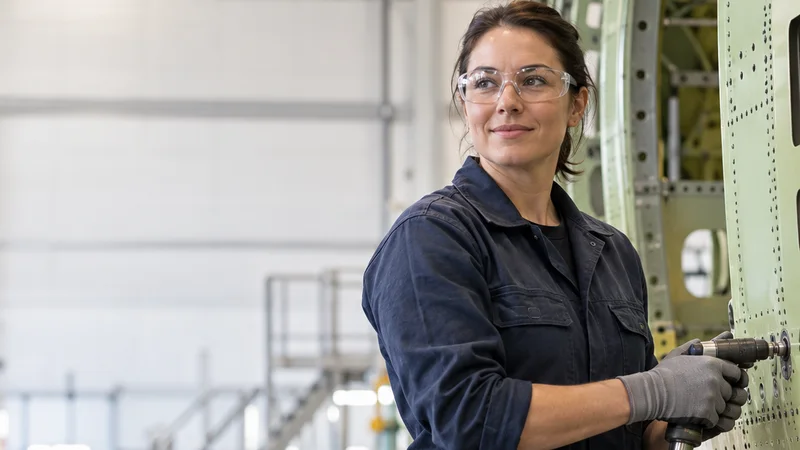 Mid-length portrait of a airframe assembly fitter, aerospace manufacturing, warm interior light, plain working backdrop with copy space