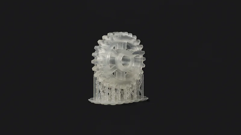 Isolated a translucent resin-printed gear with its support lattice still attached centred on a seamless deep charcoal near-black studio background, generous empty margin on every side for overlaid branding