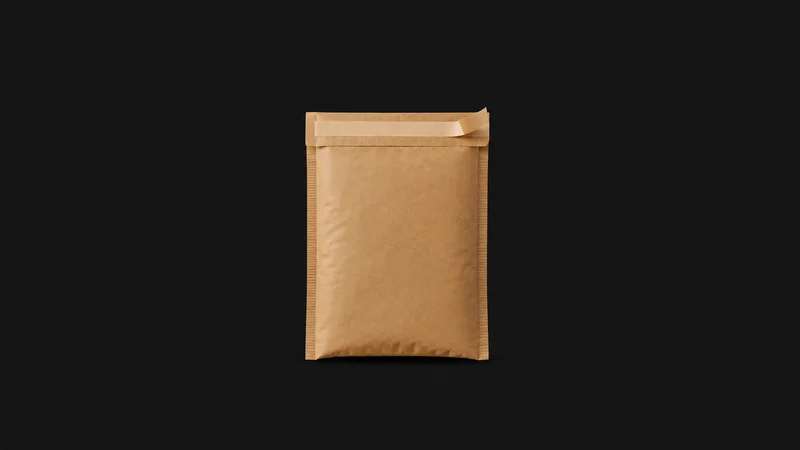 Isolated a kraft-brown padded courier satchel with a tamper-evident seal strip centred on a seamless deep charcoal near-black studio background, generous empty margin on every side for overlaid branding