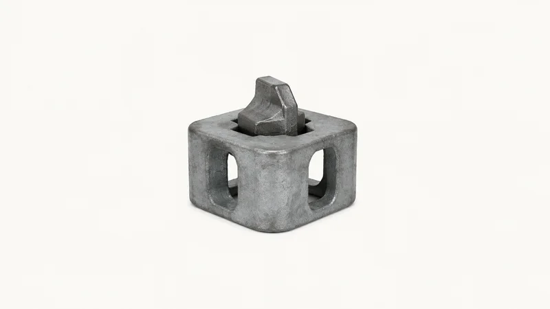 Isolated a corner casting of a shipping container with a twist-lock inserted centred on a seamless pale off-white studio background, generous empty margin on every side for overlaid branding