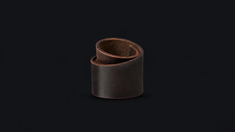 Isolated a rolled shoulder of vegetable-tanned leather with a burnished edge centred on a seamless deep charcoal near-black studio background, generous empty margin on every side for overlaid branding