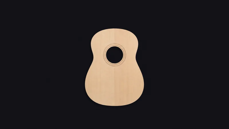 Isolated a bookmatched spruce guitar soundboard with a rosette rebate cut centred on a seamless deep charcoal near-black studio background, generous empty margin on every side for overlaid branding