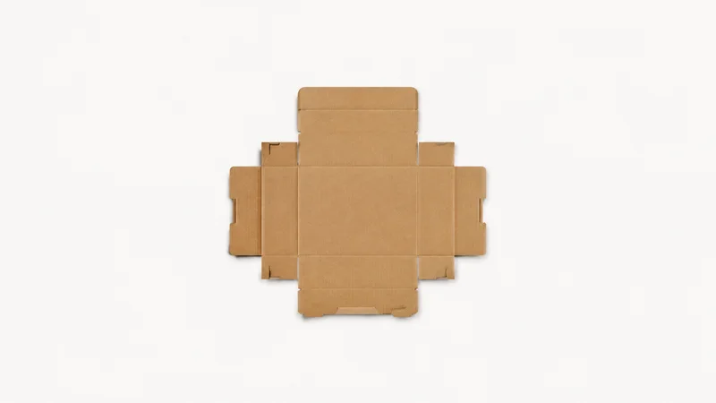 Isolated a die-cut corrugated blank with scored fold lines centred on a seamless pale off-white studio background, generous empty margin on every side for overlaid branding